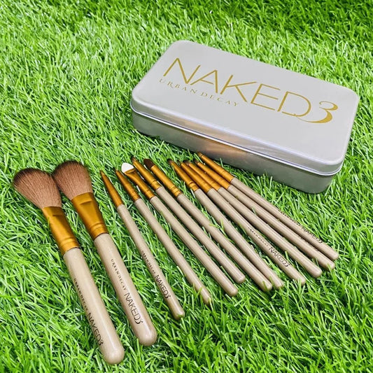Premium Naked3 12-Piece Professional Makeup Brush Set with Metallic Storage Box