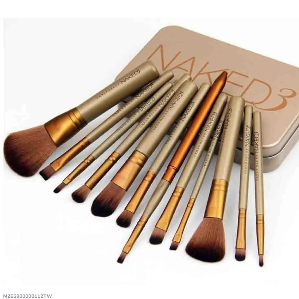 Premium Naked3 12-Piece Professional Makeup Brush Set with Metallic Storage Box